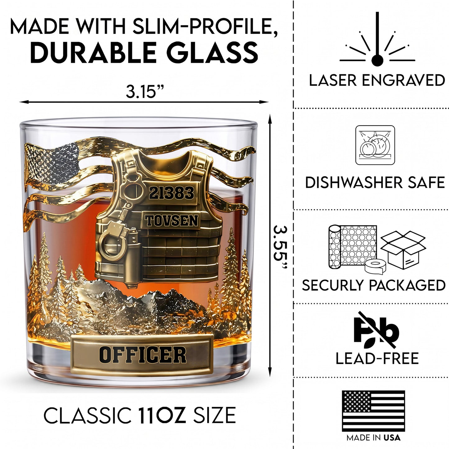Personalized Police Officer Whiskey Glass - Custom Name & Badge