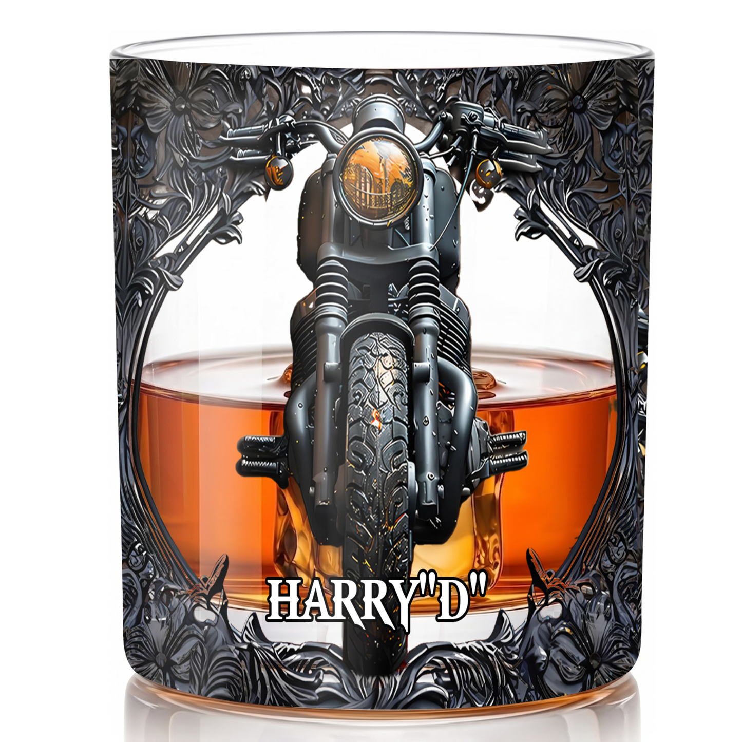 Personalized Motorcycle Biker Whiskey Glass - Custom Name Gothic Design
