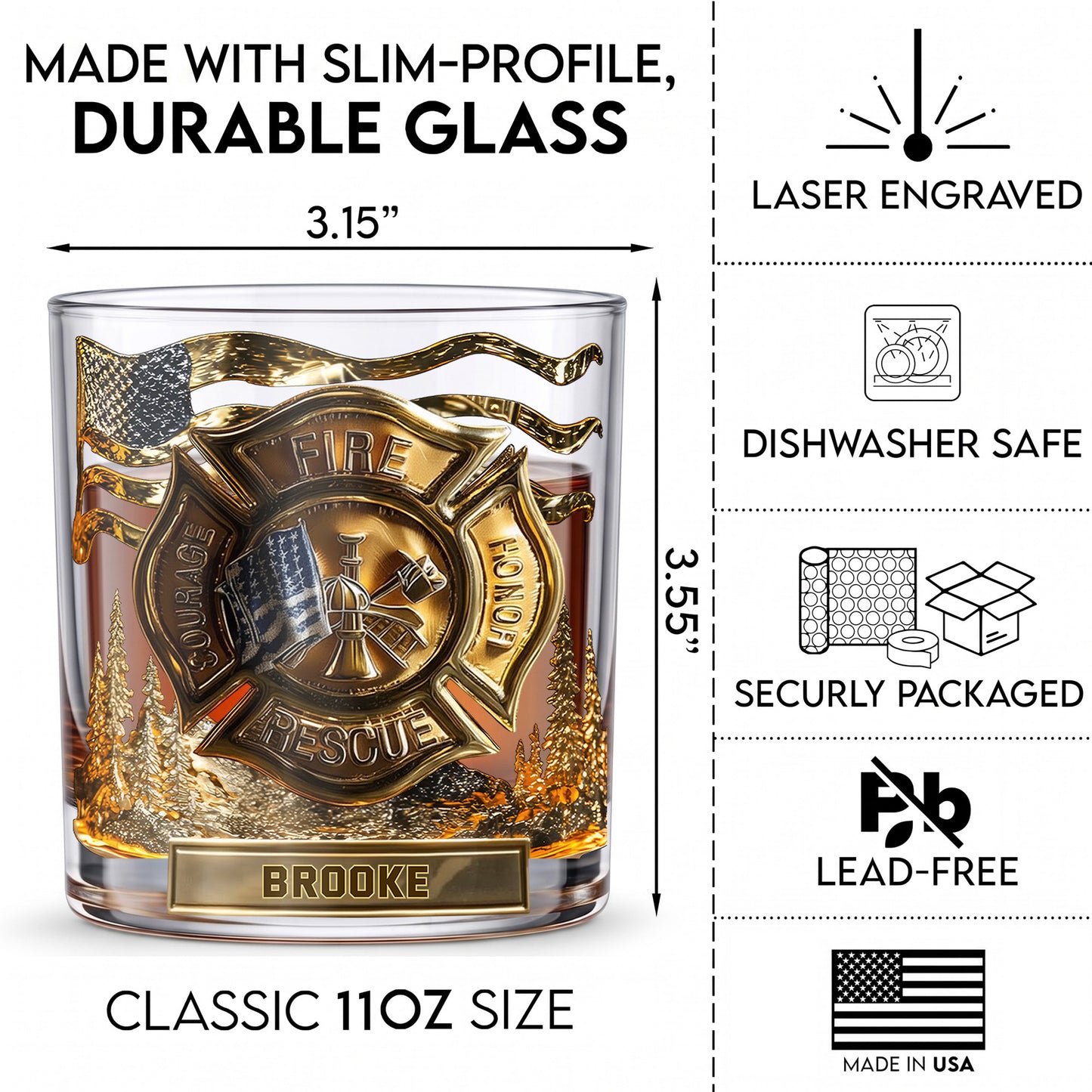 Personalized Firefighter Whiskey Glass, Custom Name Drinking Glass, 9oz, 10oz & 11oz