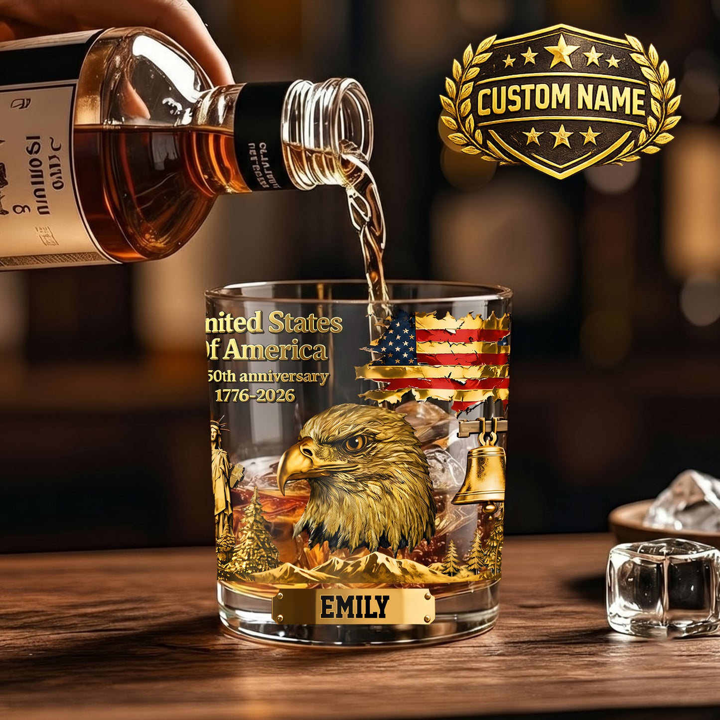 Personalized USA 250th Anniversary Whiskey Glass - Custom Patriotic Gift