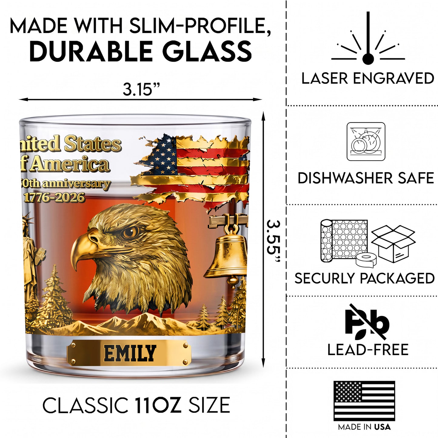 Personalized USA 250th Anniversary Whiskey Glass - Custom Patriotic Gift
