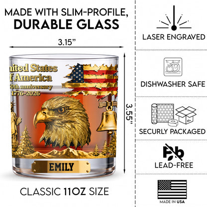Personalized USA 250th Anniversary Whiskey Glass - Custom Patriotic Gift