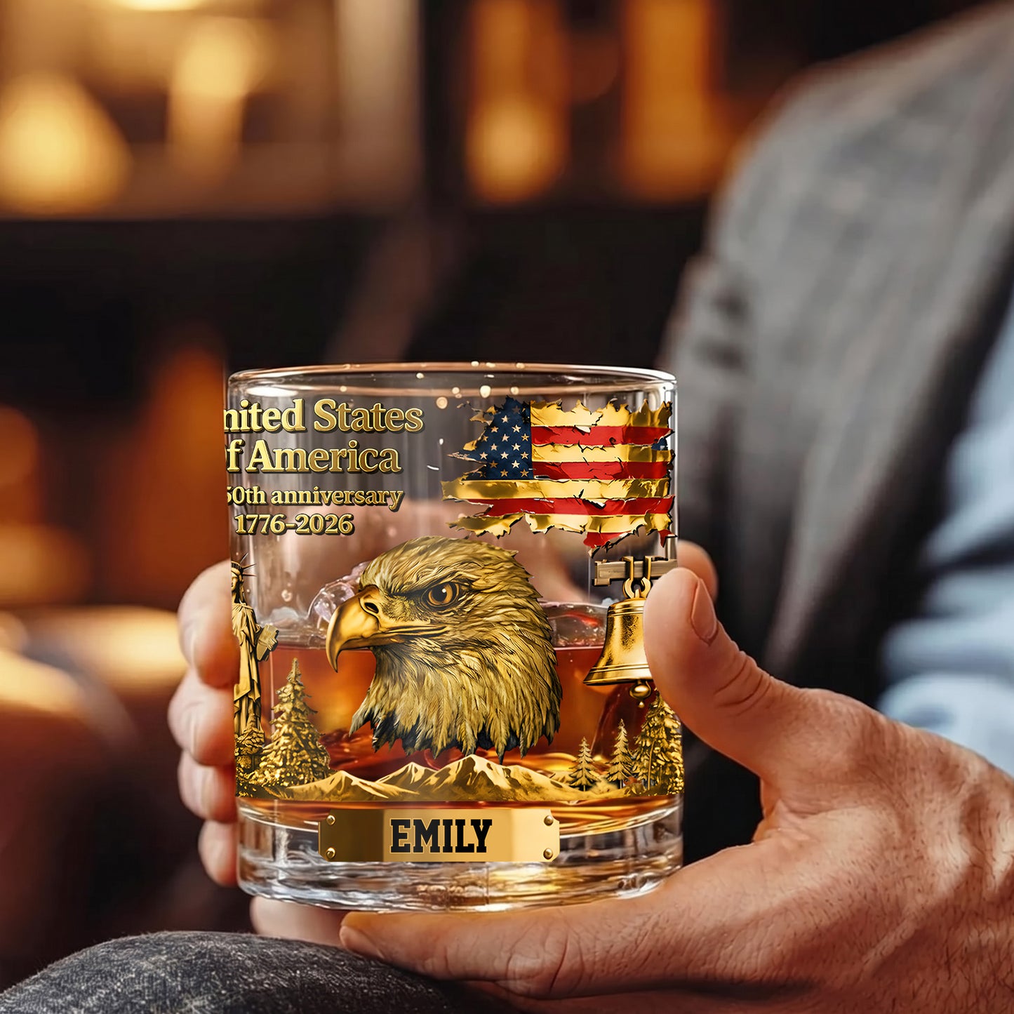 Personalized USA 250th Anniversary Whiskey Glass - Custom Patriotic Gift