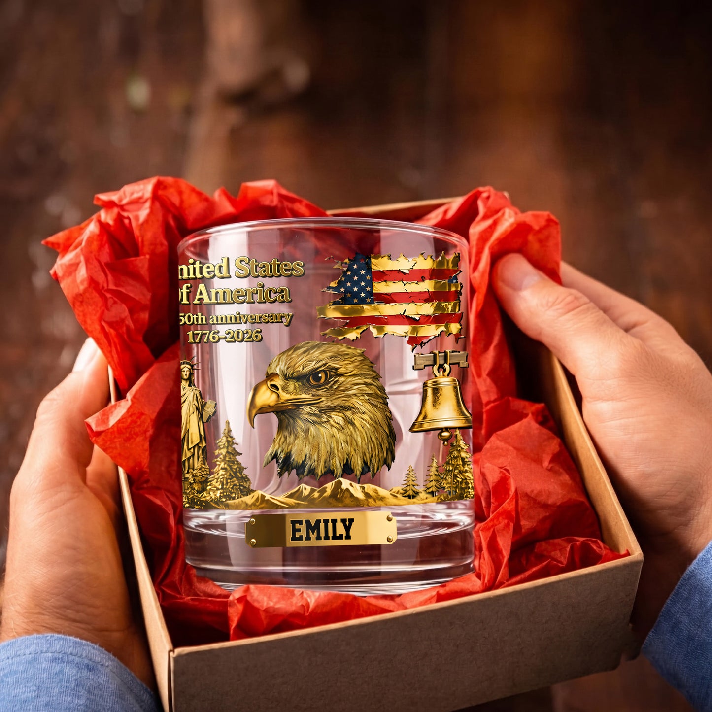 Personalized USA 250th Anniversary Whiskey Glass - Custom Patriotic Gift