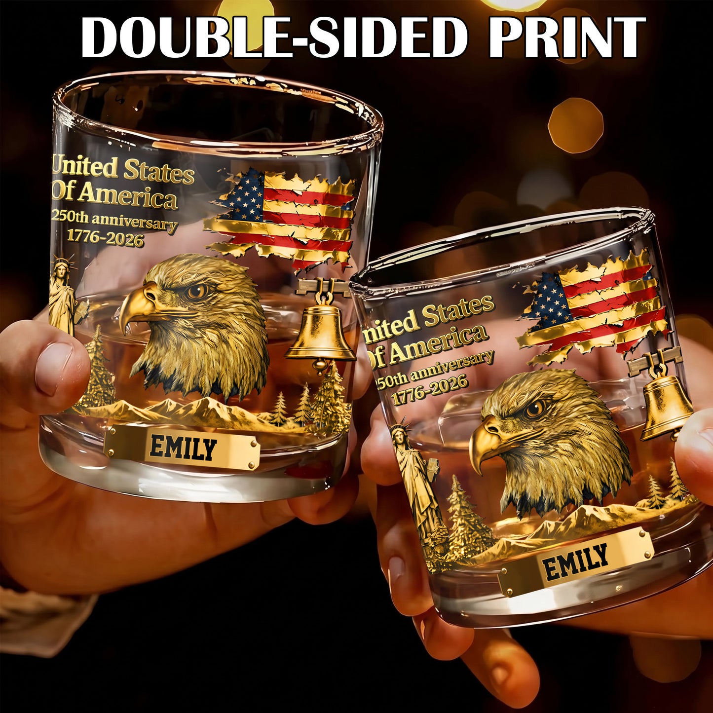 Personalized USA 250th Anniversary Whiskey Glass - Custom Patriotic Gift