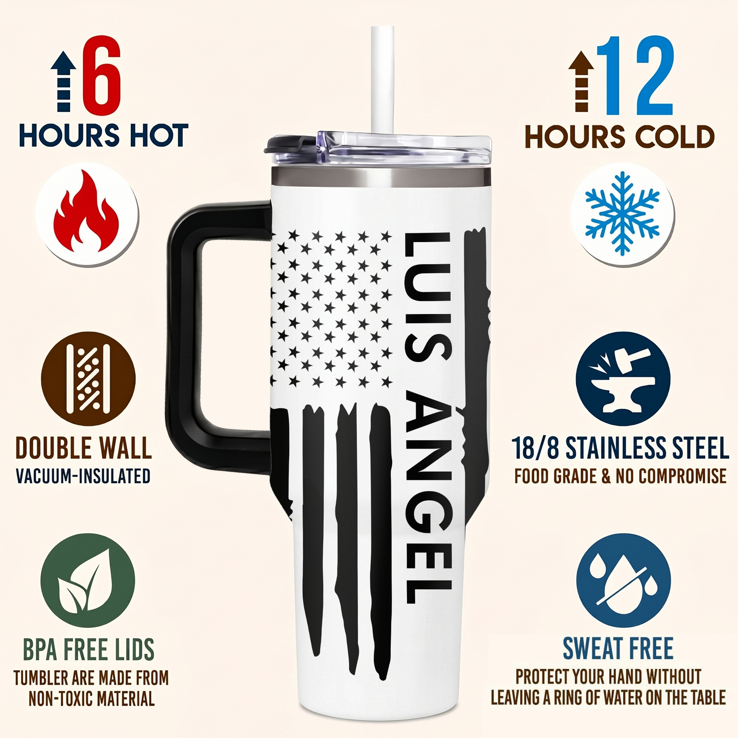 Custom Name Tumbler 40oz with Handle, American Flag Eagle Travel Mug, Personalized Double Wall Insulated Cup, Military Veteran Gifts