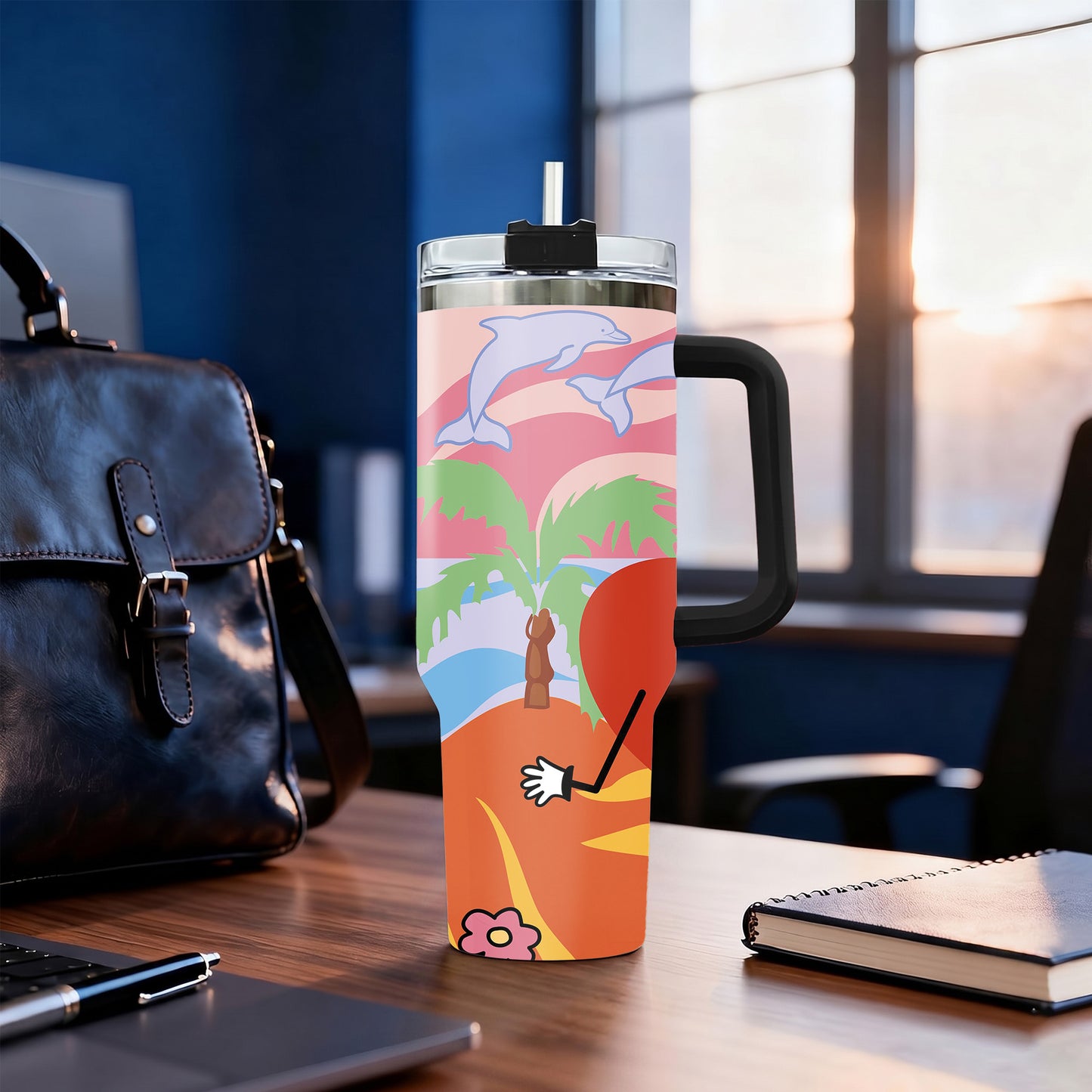 Retro Summer Beach Sunset Tumbler with Handle, Sad Heart Palm Tree Dolphin Aesthetic Insulated Cup with Straw