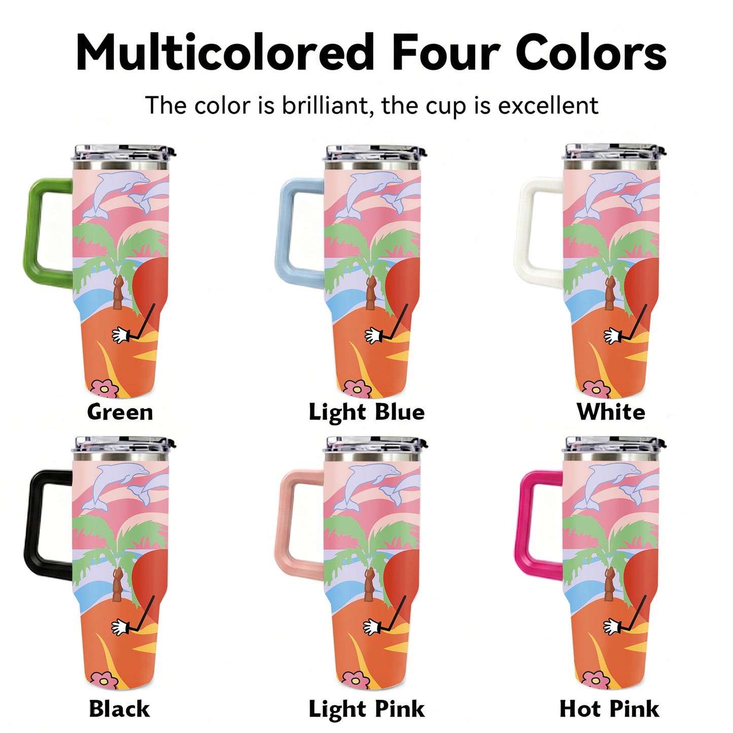 Retro Summer Beach Sunset Tumbler with Handle, Sad Heart Palm Tree Dolphin Aesthetic Insulated Cup with Straw