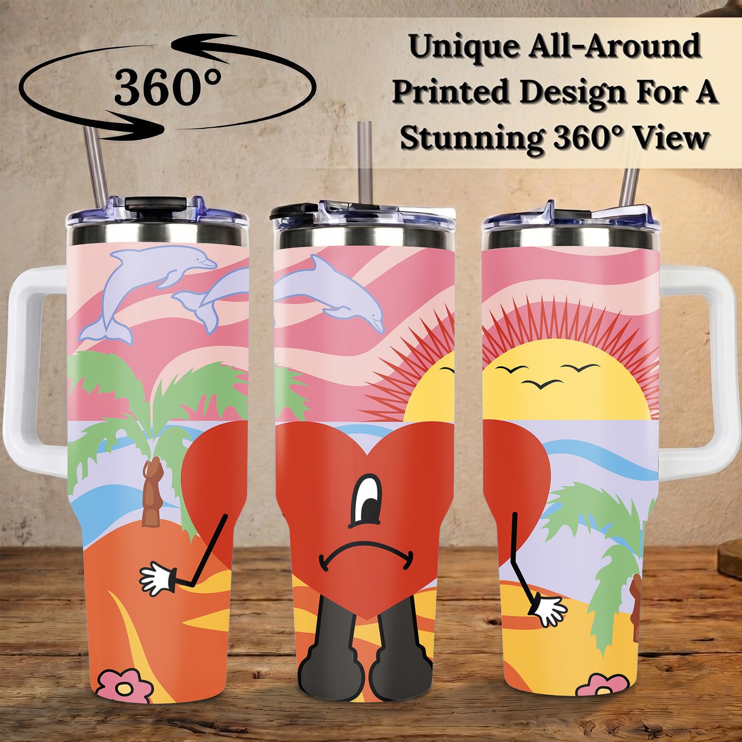 Retro Summer Beach Sunset Tumbler with Handle, Sad Heart Palm Tree Dolphin Aesthetic Insulated Cup with Straw