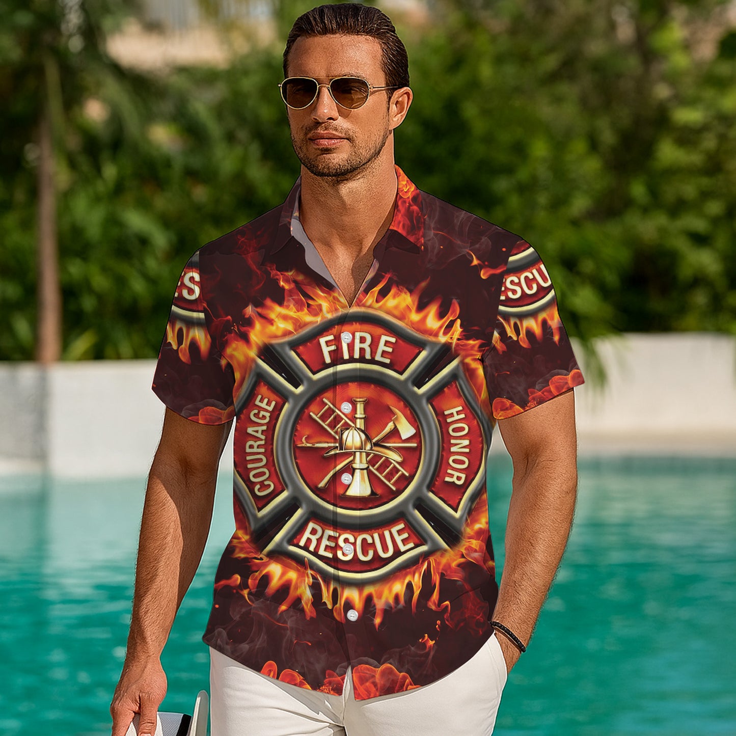 Firefighter Fire Rescue Hawaiian Shirt for Men & Women Flame Aloha