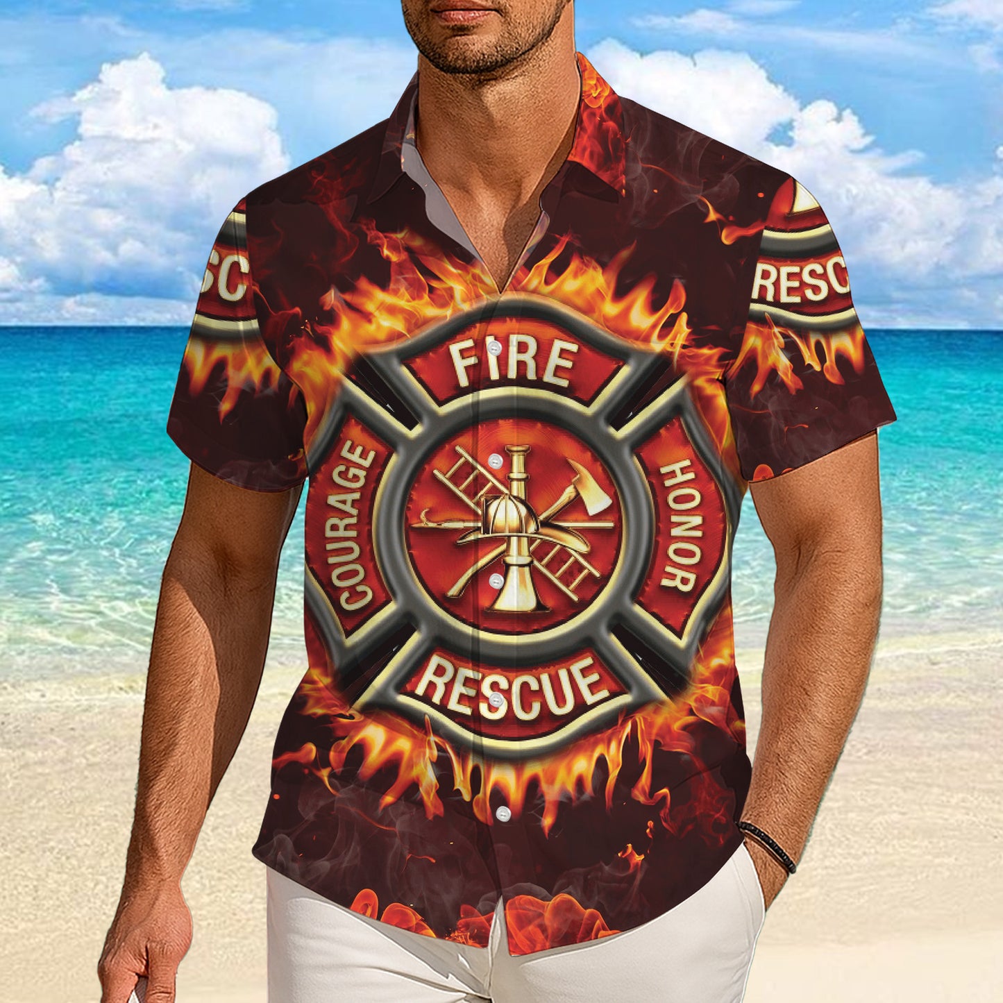 Firefighter Fire Rescue Hawaiian Shirt for Men & Women Flame Aloha