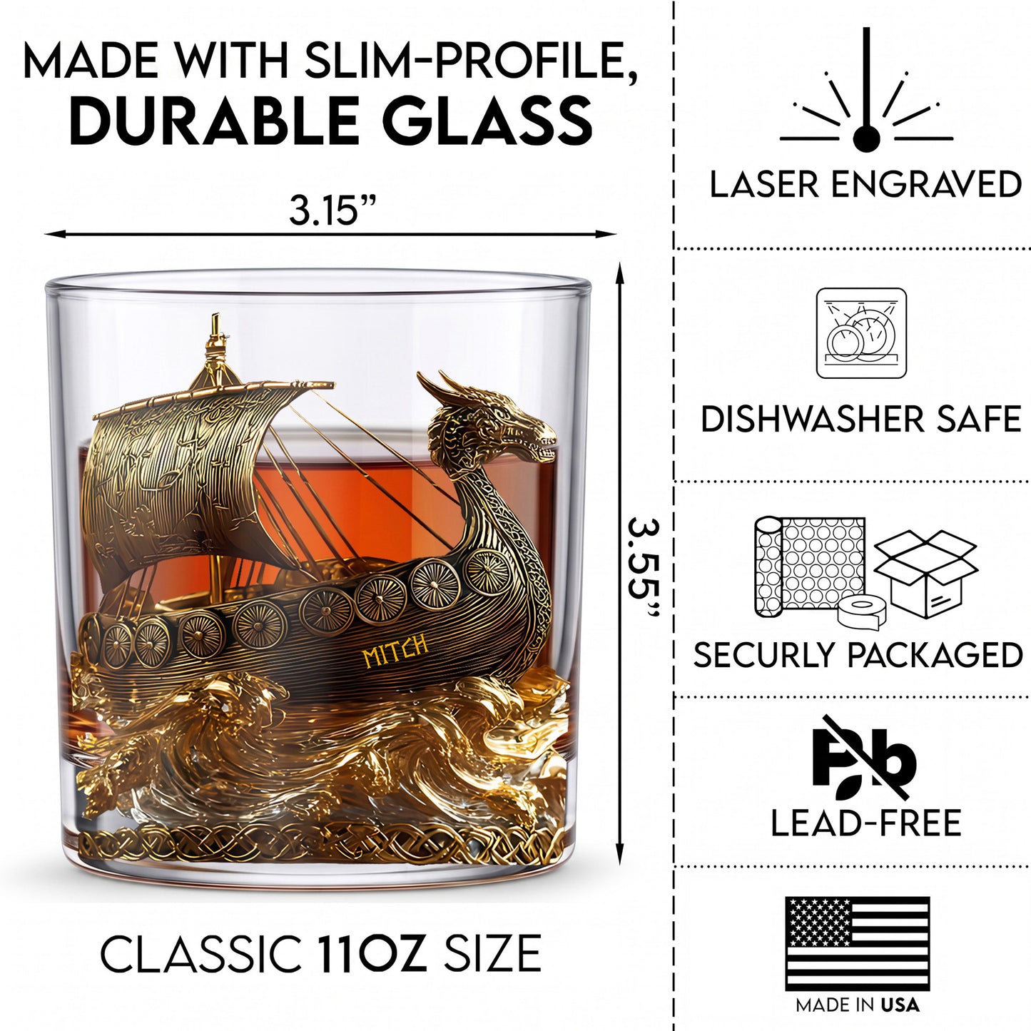 Personalized Viking Ship Whiskey Glass - Custom Name Norse Mythology