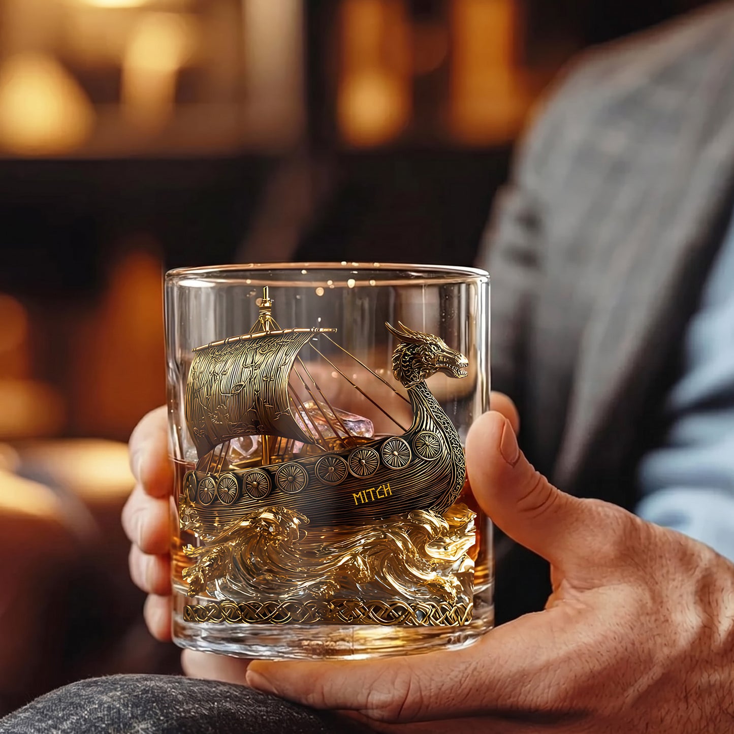 Personalized Viking Ship Whiskey Glass - Custom Name Norse Mythology
