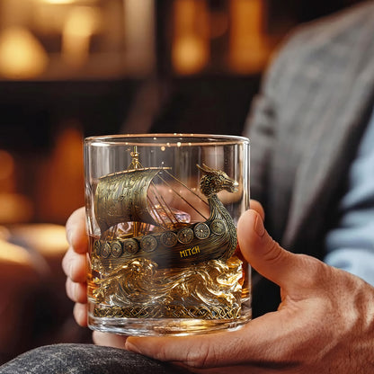 Personalized Viking Ship Whiskey Glass - Custom Name Norse Mythology