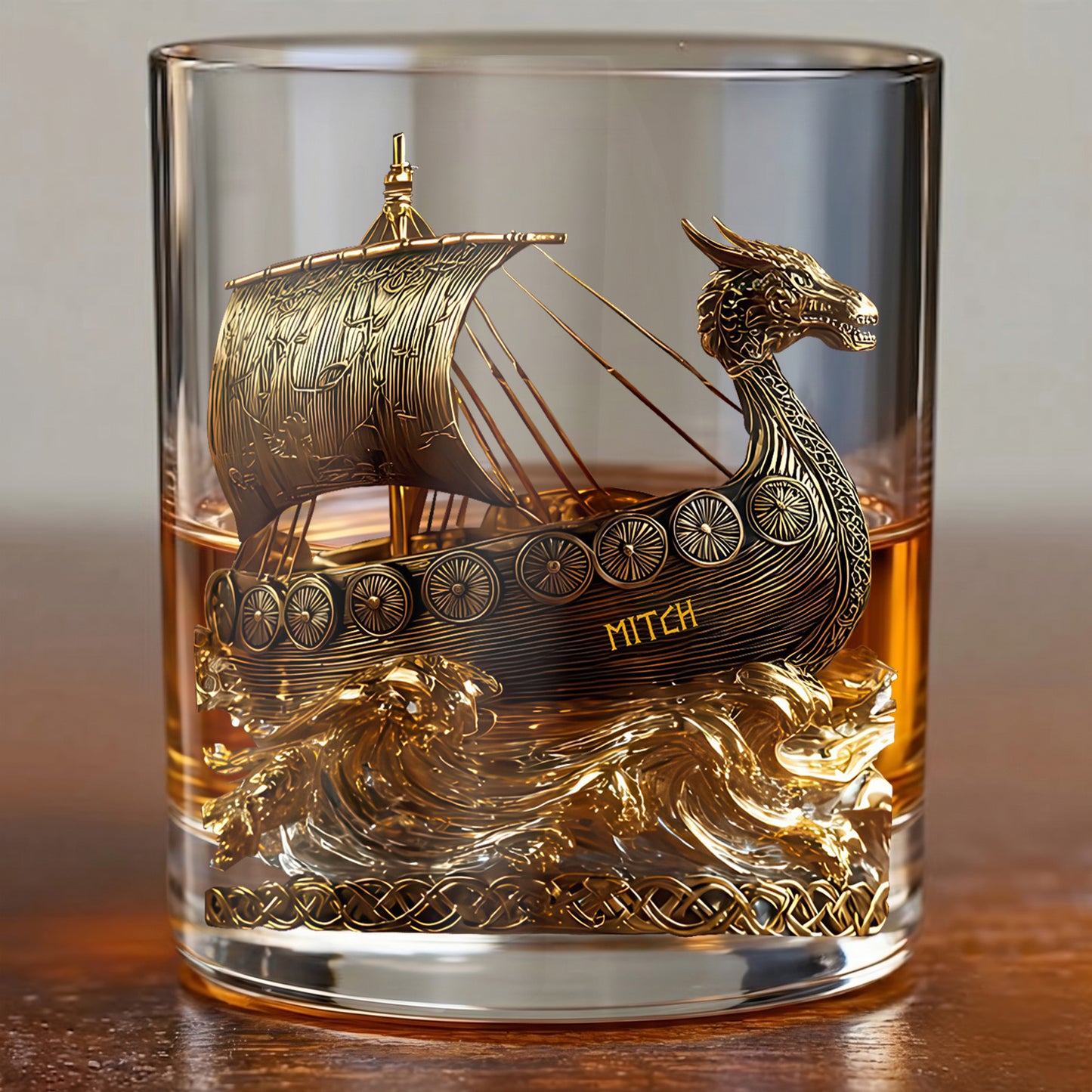 Personalized Viking Ship Whiskey Glass - Custom Name Norse Mythology