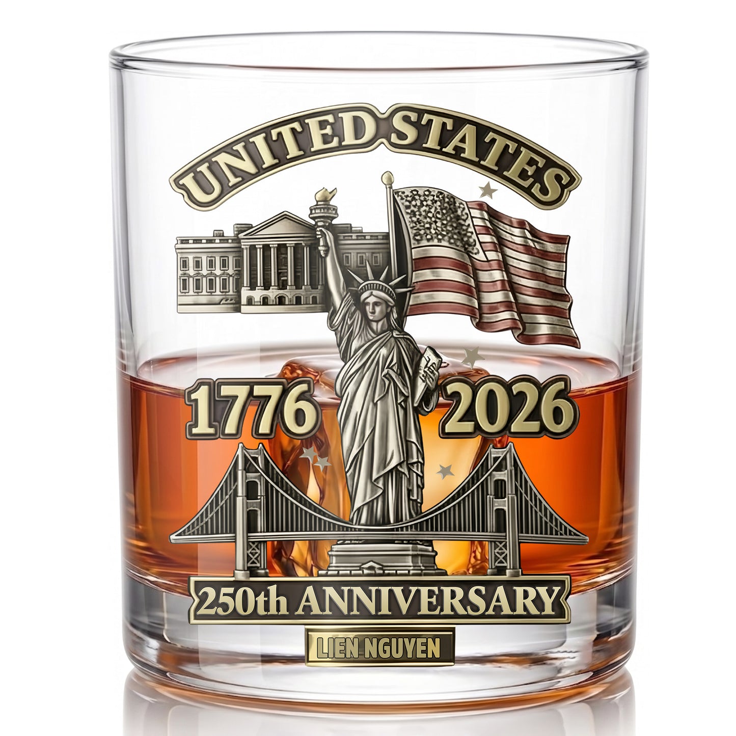 Personalized USA 250th Anniversary Whiskey Glass - Custom Landmark Gift