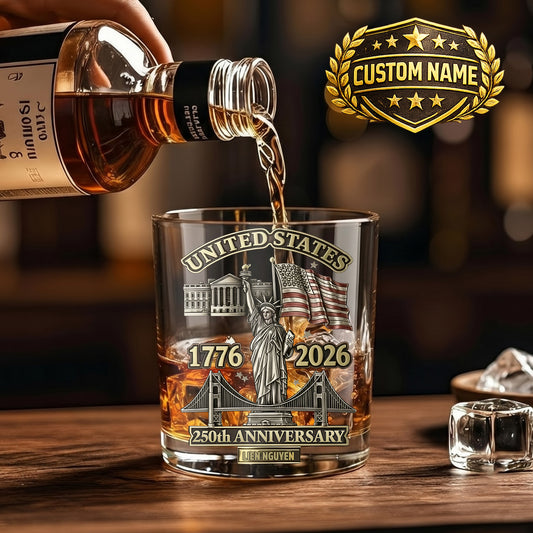 Personalized USA 250th Anniversary Whiskey Glass - Custom Landmark Gift