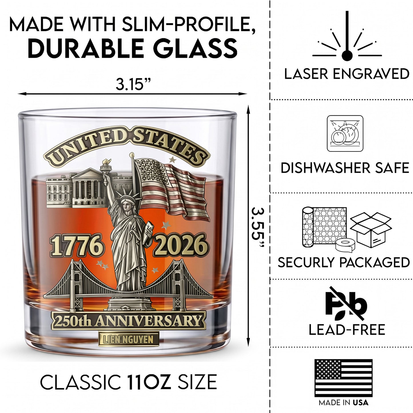 Personalized USA 250th Anniversary Whiskey Glass - Custom Landmark Gift