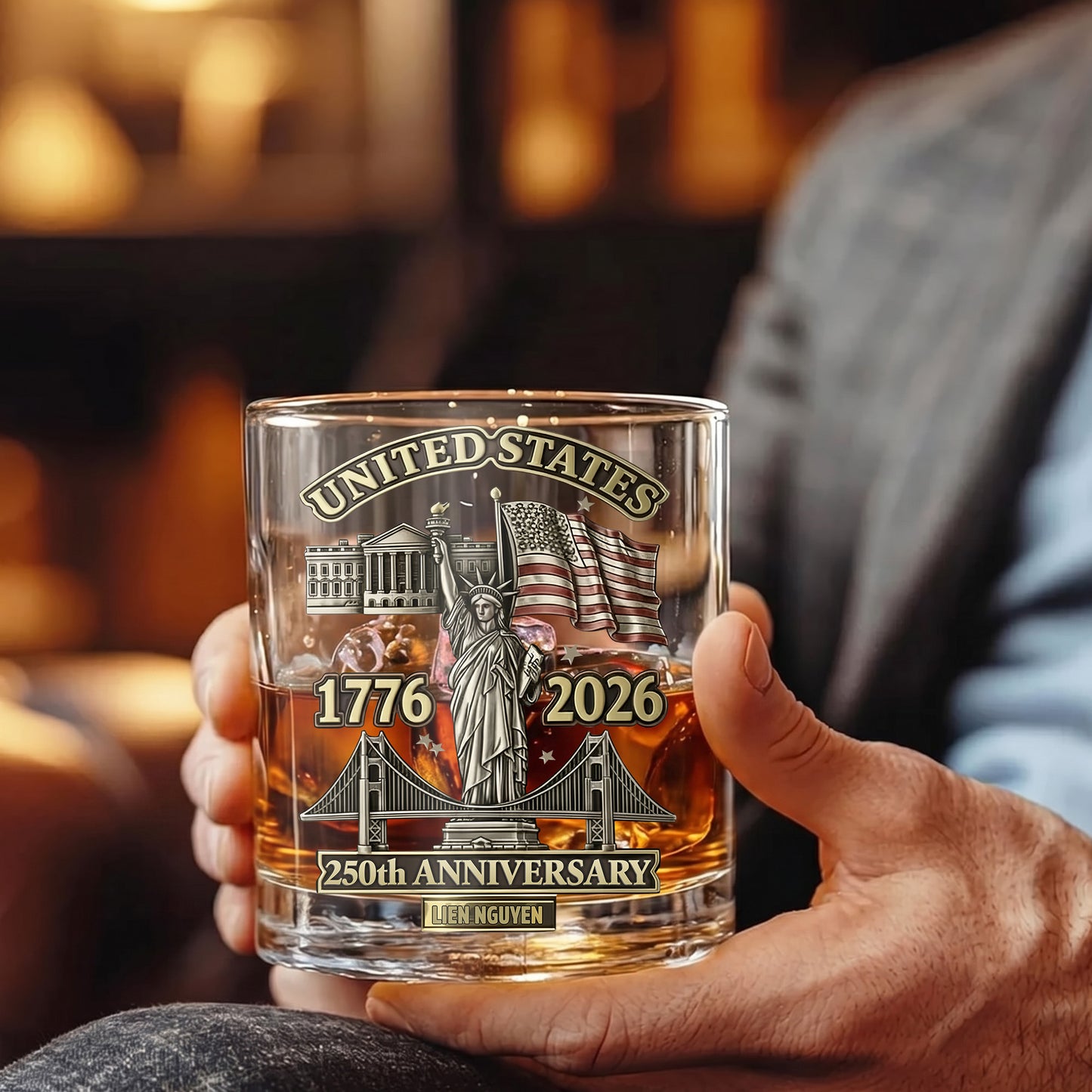 Personalized USA 250th Anniversary Whiskey Glass - Custom Landmark Gift