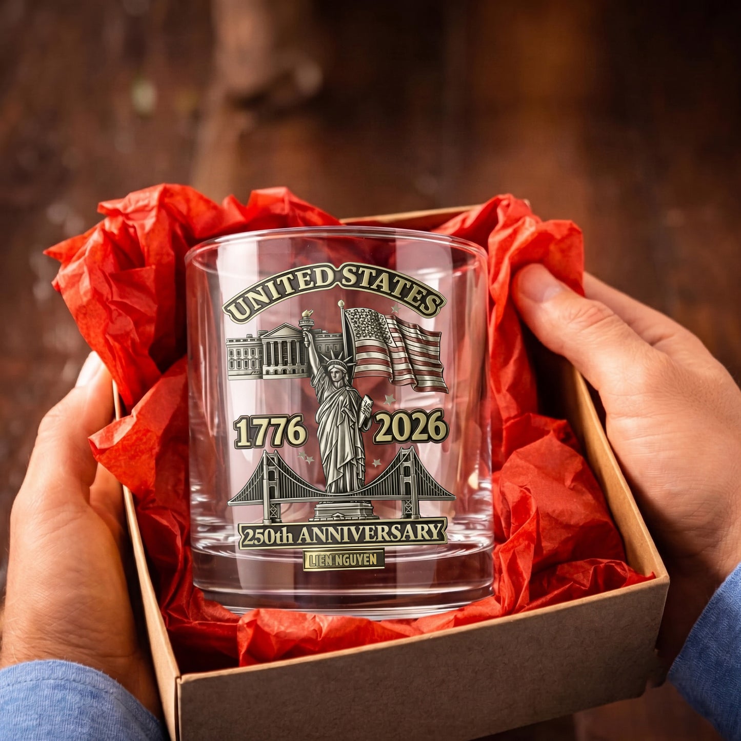 Personalized USA 250th Anniversary Whiskey Glass - Custom Landmark Gift