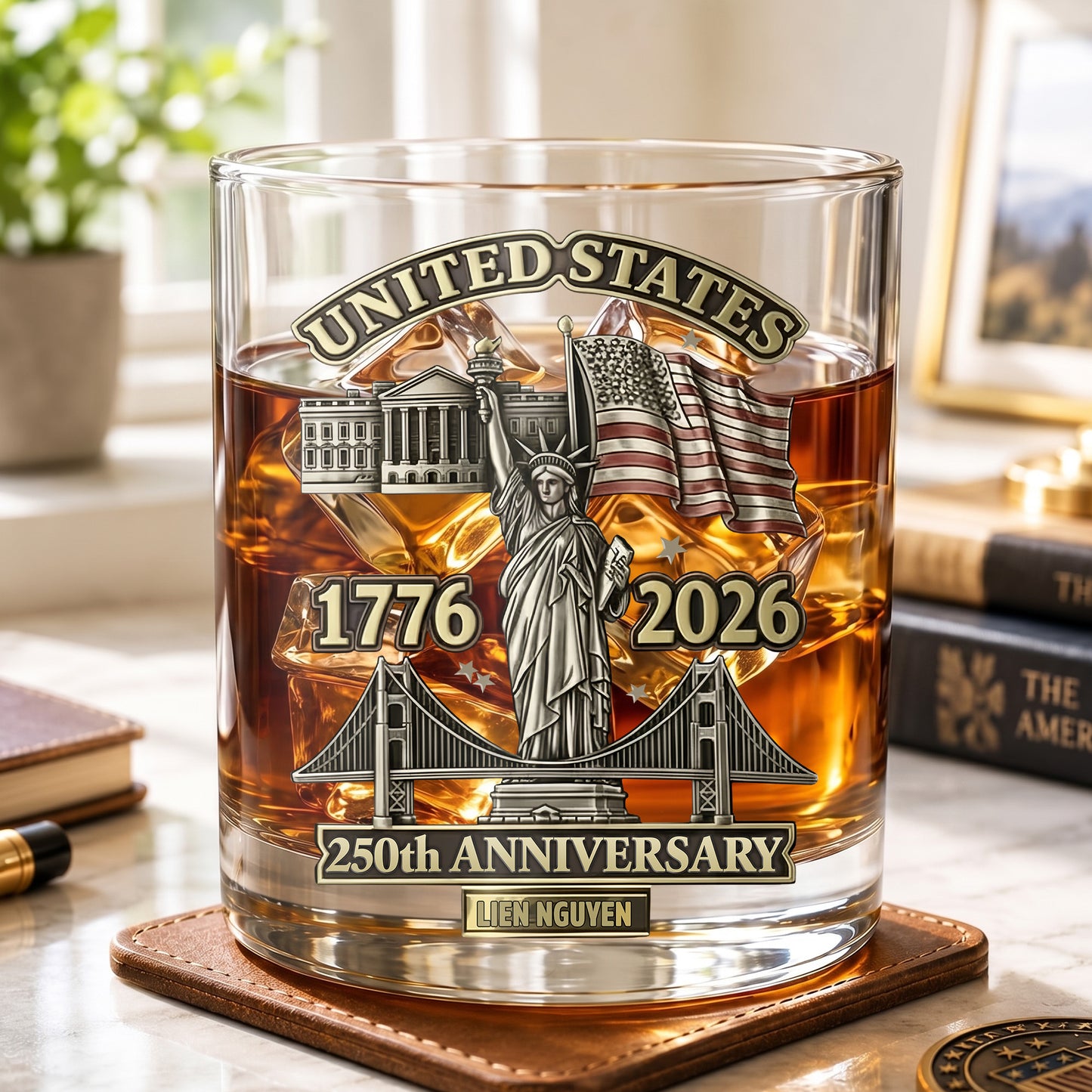 Personalized USA 250th Anniversary Whiskey Glass - Custom Landmark Gift