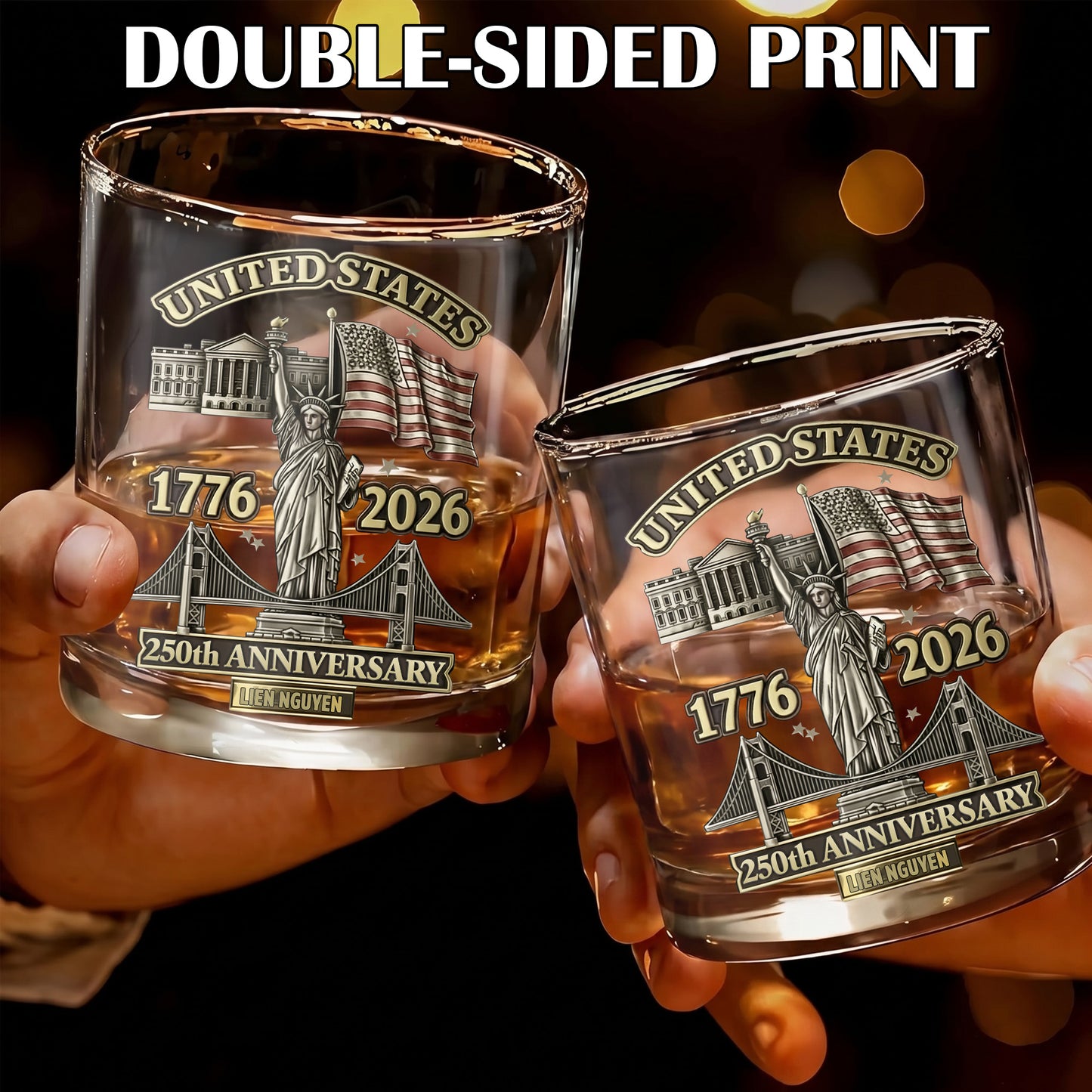 Personalized USA 250th Anniversary Whiskey Glass - Custom Landmark Gift