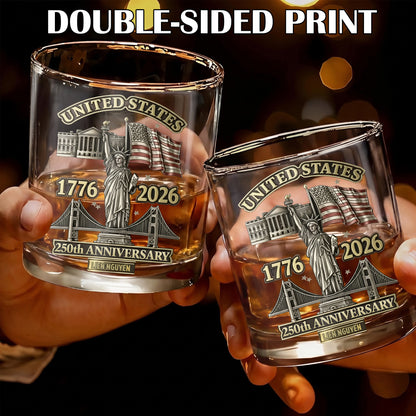 Personalized USA 250th Anniversary Whiskey Glass - Custom Landmark Gift