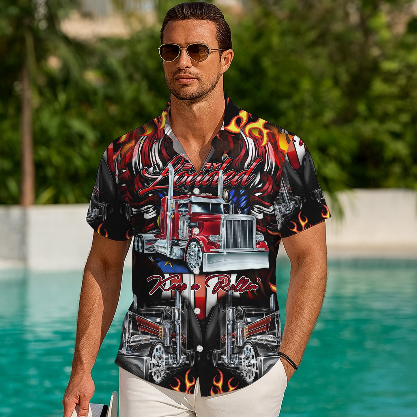 Trucker Big Rig Keep on Rollin Hawaiian Shirt for Men & Women Flame Aloha