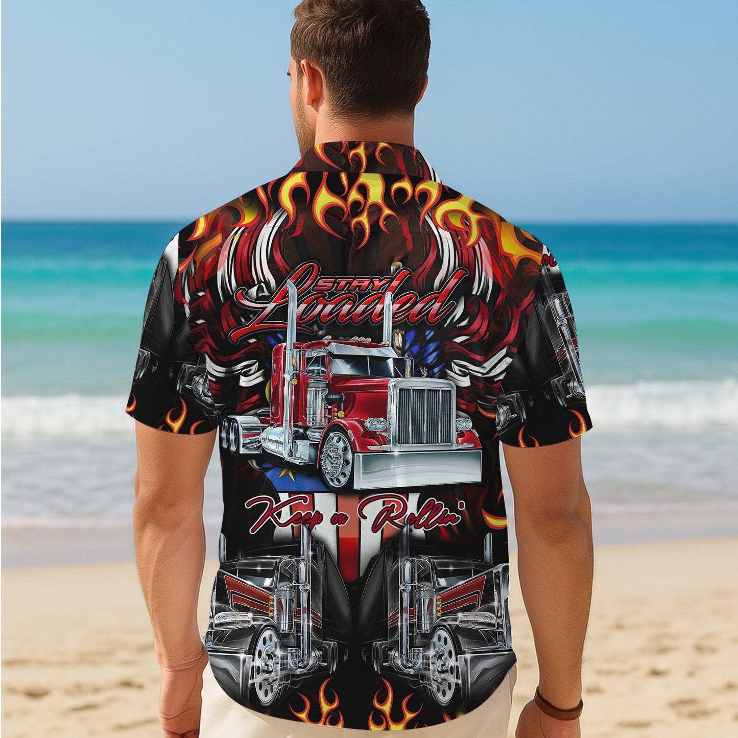 Trucker Big Rig Keep on Rollin Hawaiian Shirt for Men & Women Flame Aloha