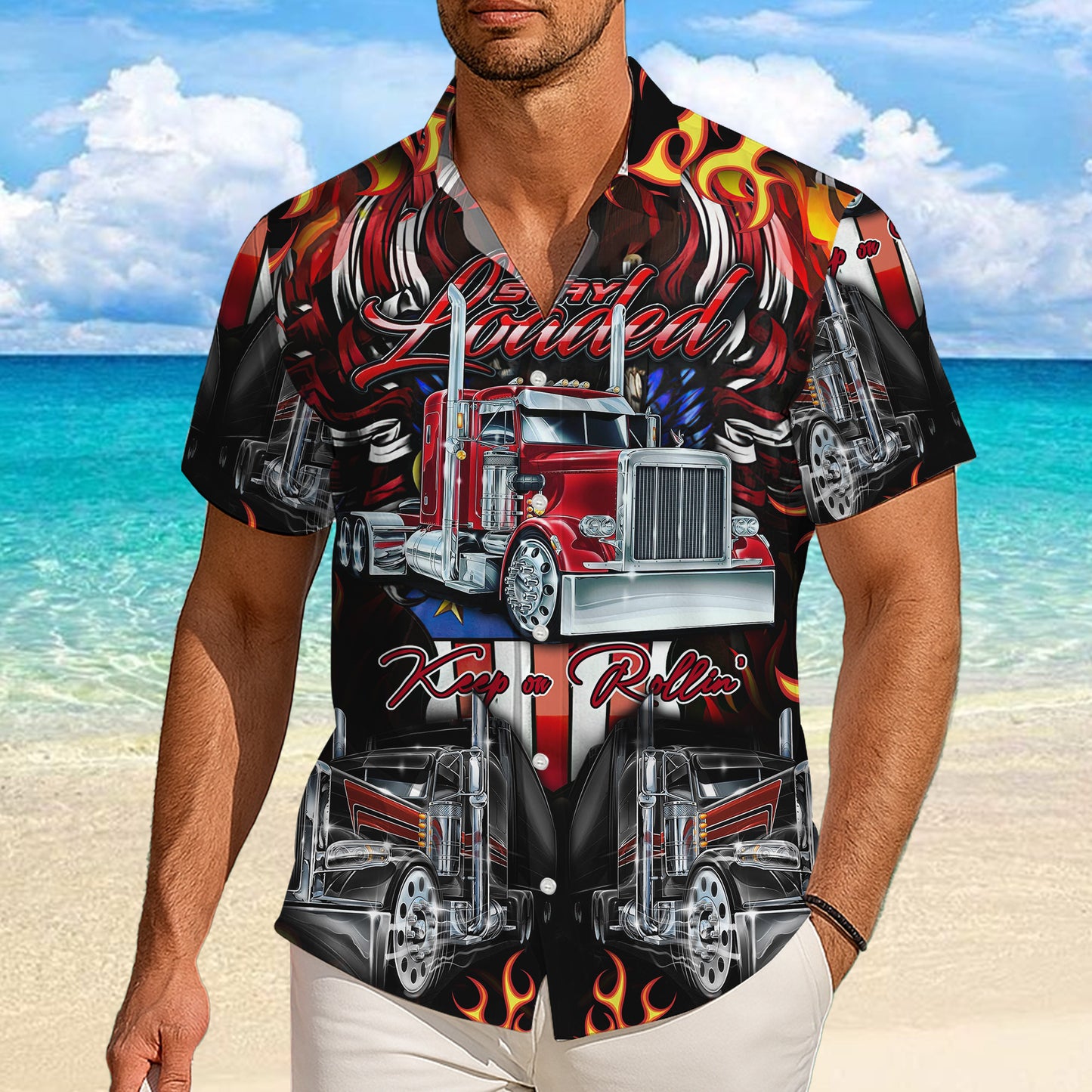 Trucker Big Rig Keep on Rollin Hawaiian Shirt for Men & Women Flame Aloha