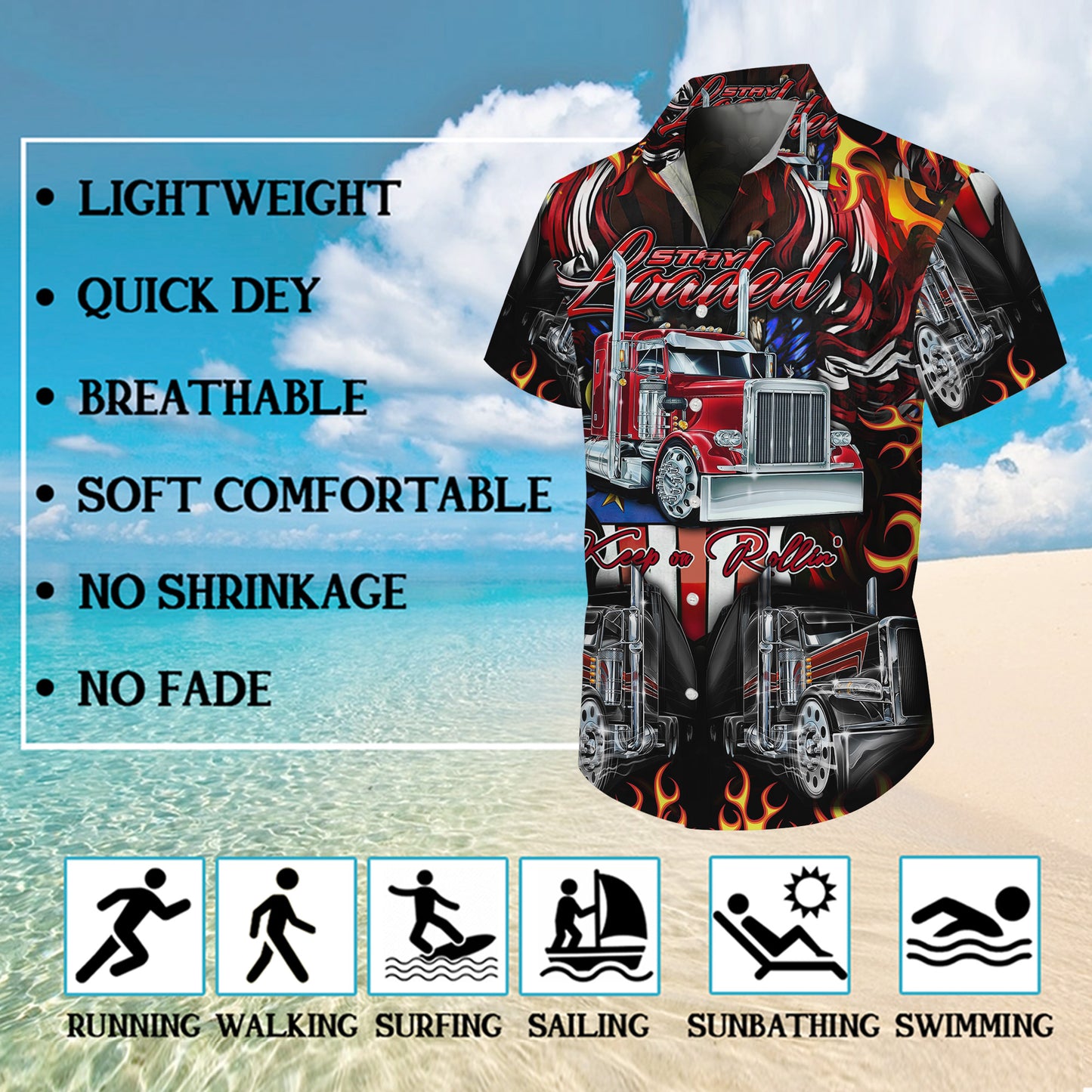 Trucker Big Rig Keep on Rollin Hawaiian Shirt for Men & Women Flame Aloha
