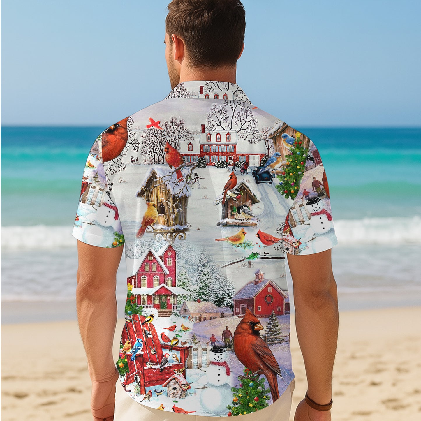 Christmas Red Cardinal Winter Hawaiian Shirt for Men & Women Holiday Aloha