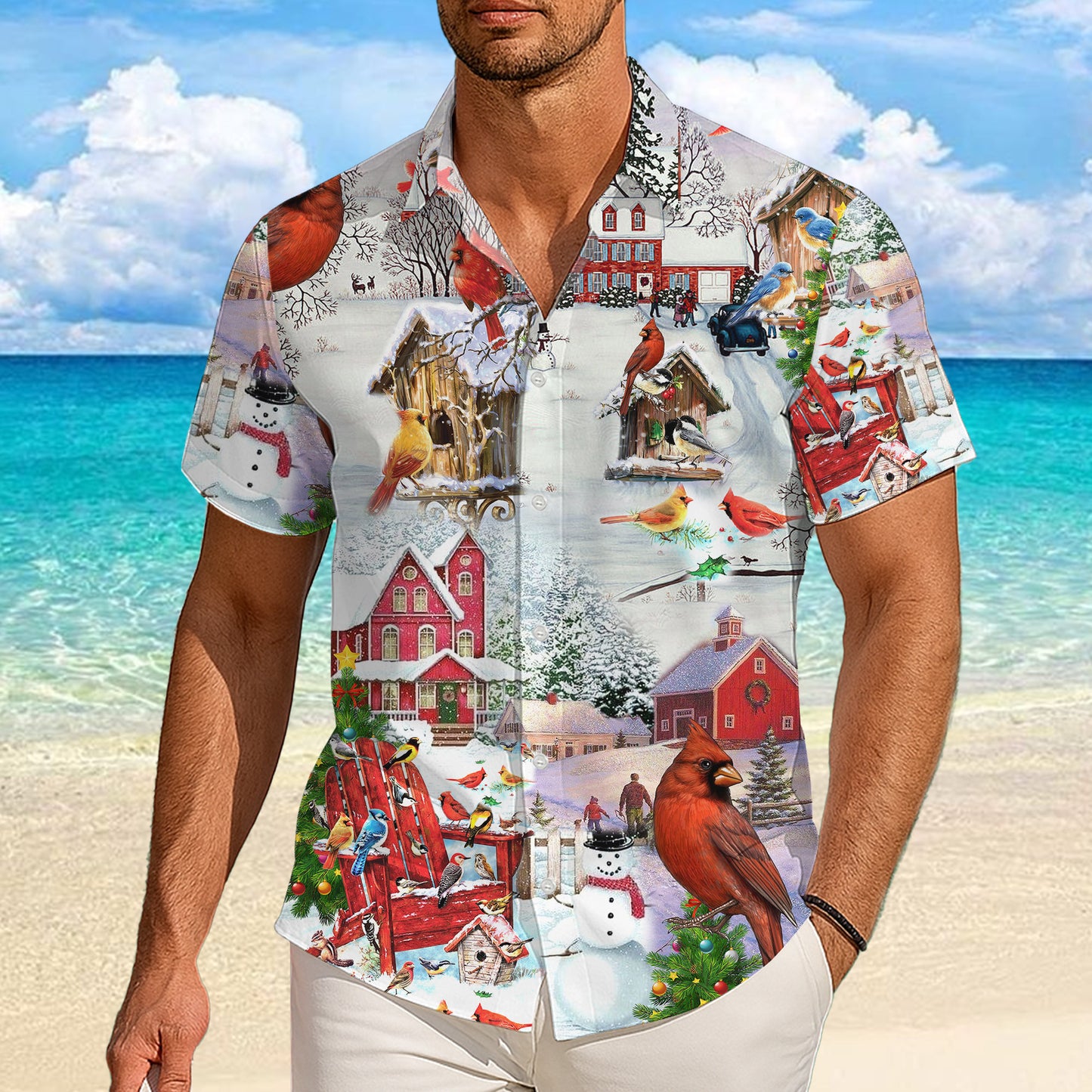 Christmas Red Cardinal Winter Hawaiian Shirt for Men & Women Holiday Aloha