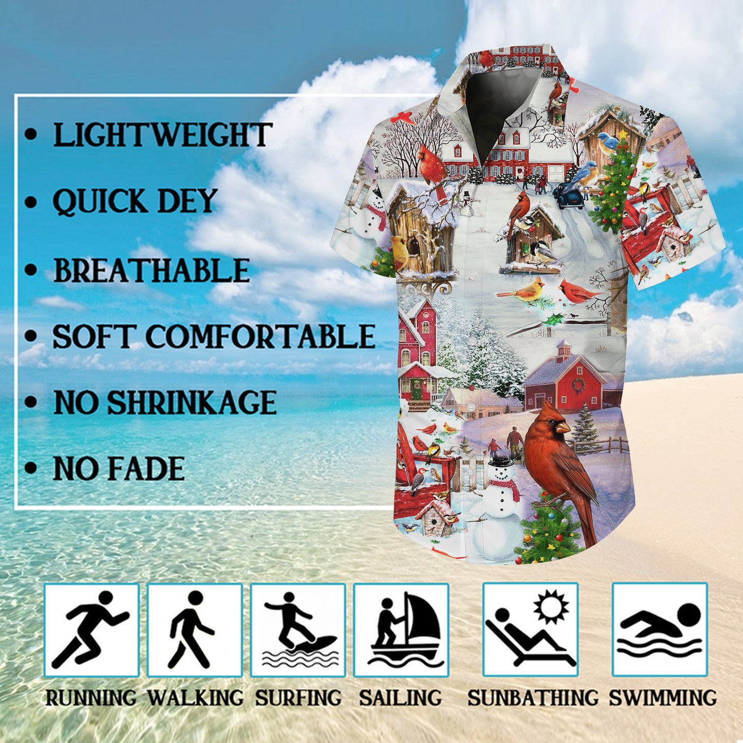 Christmas Red Cardinal Winter Hawaiian Shirt for Men & Women Holiday Aloha