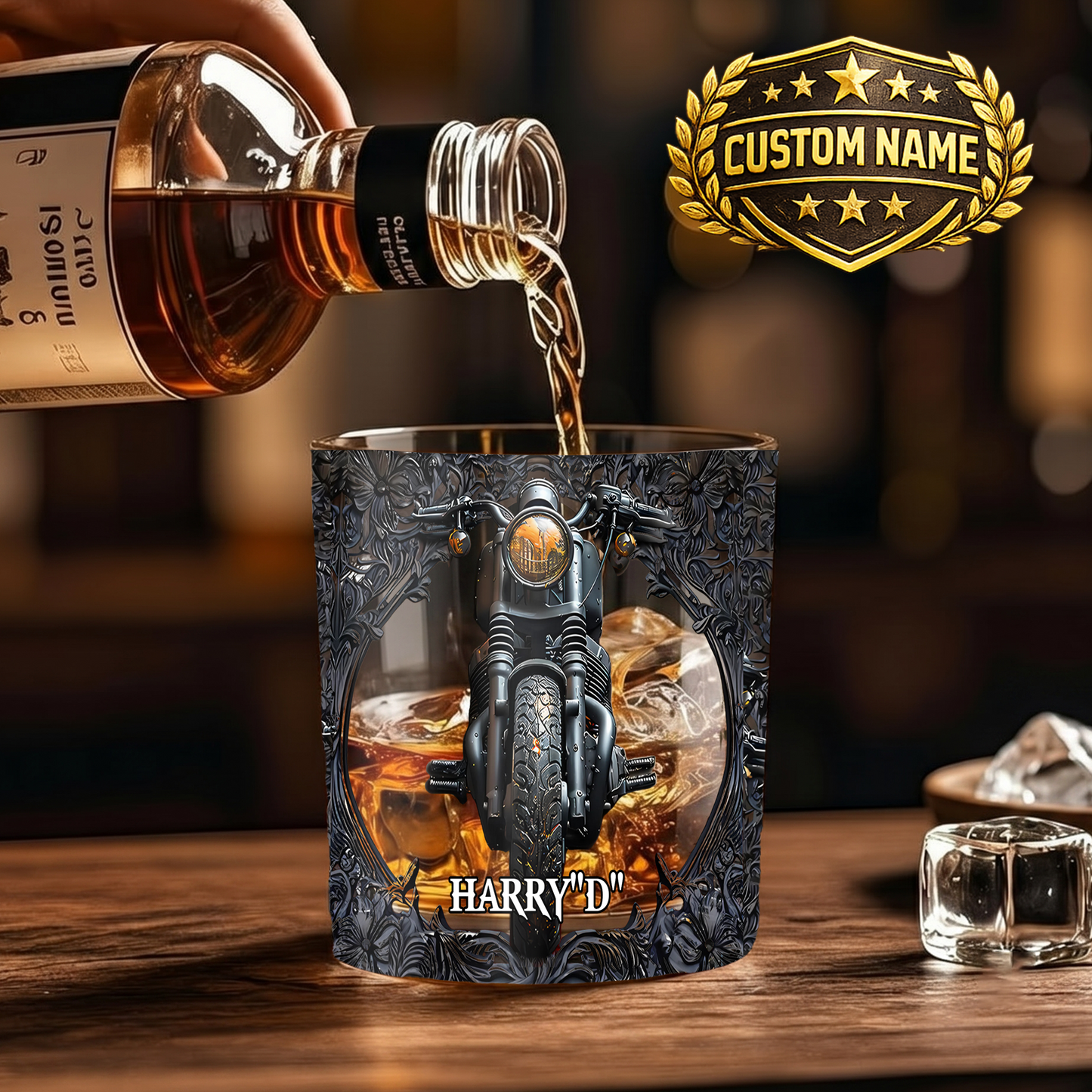 Personalized Motorcycle Biker Whiskey Glass - Custom Name Gothic Design