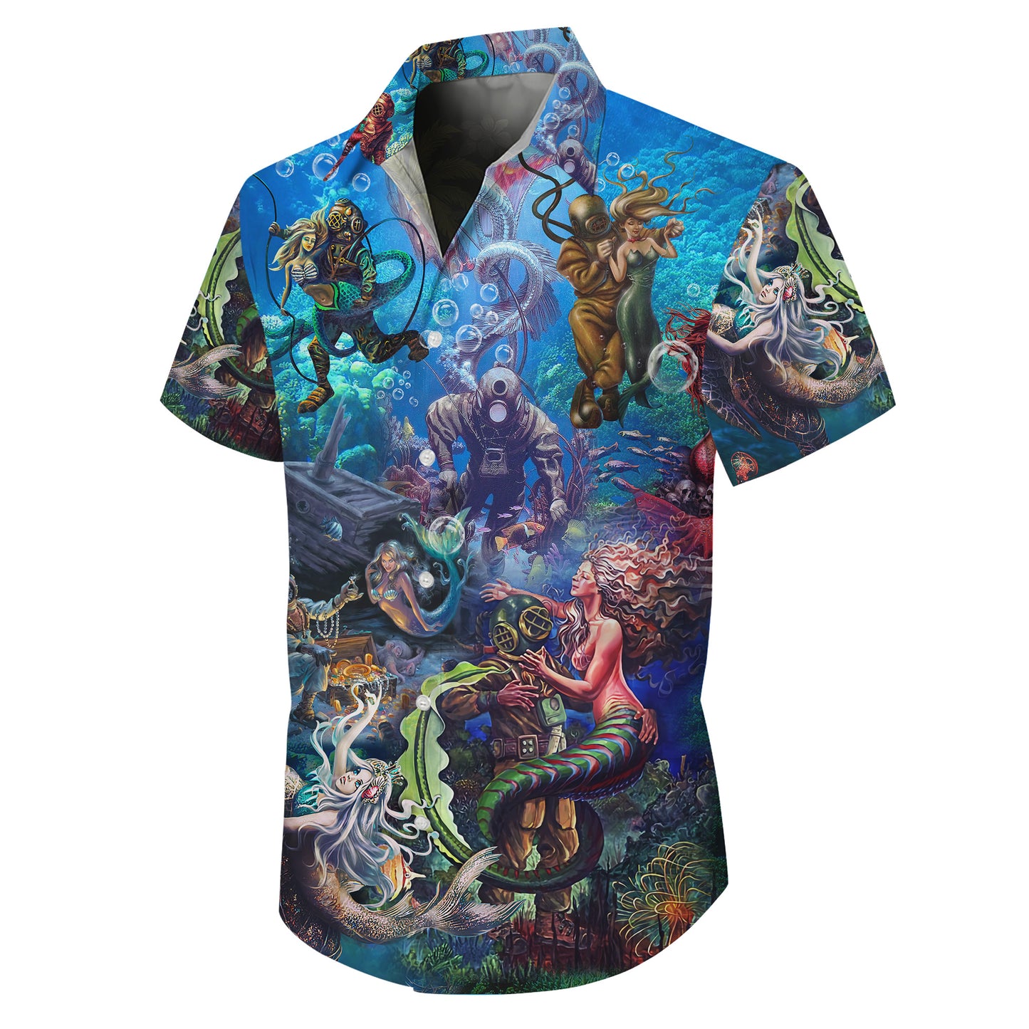Vintage Diver & Mermaid Hawaiian Shirt for Men Deep Sea Ocean Aloha Shirt