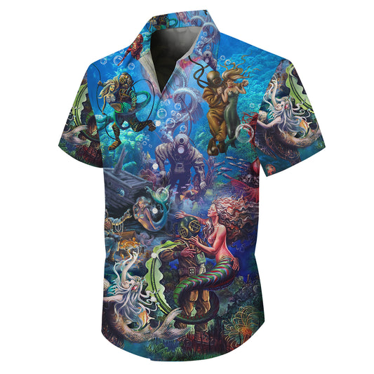Vintage Diver & Mermaid Hawaiian Shirt for Men Deep Sea Ocean Aloha Shirt