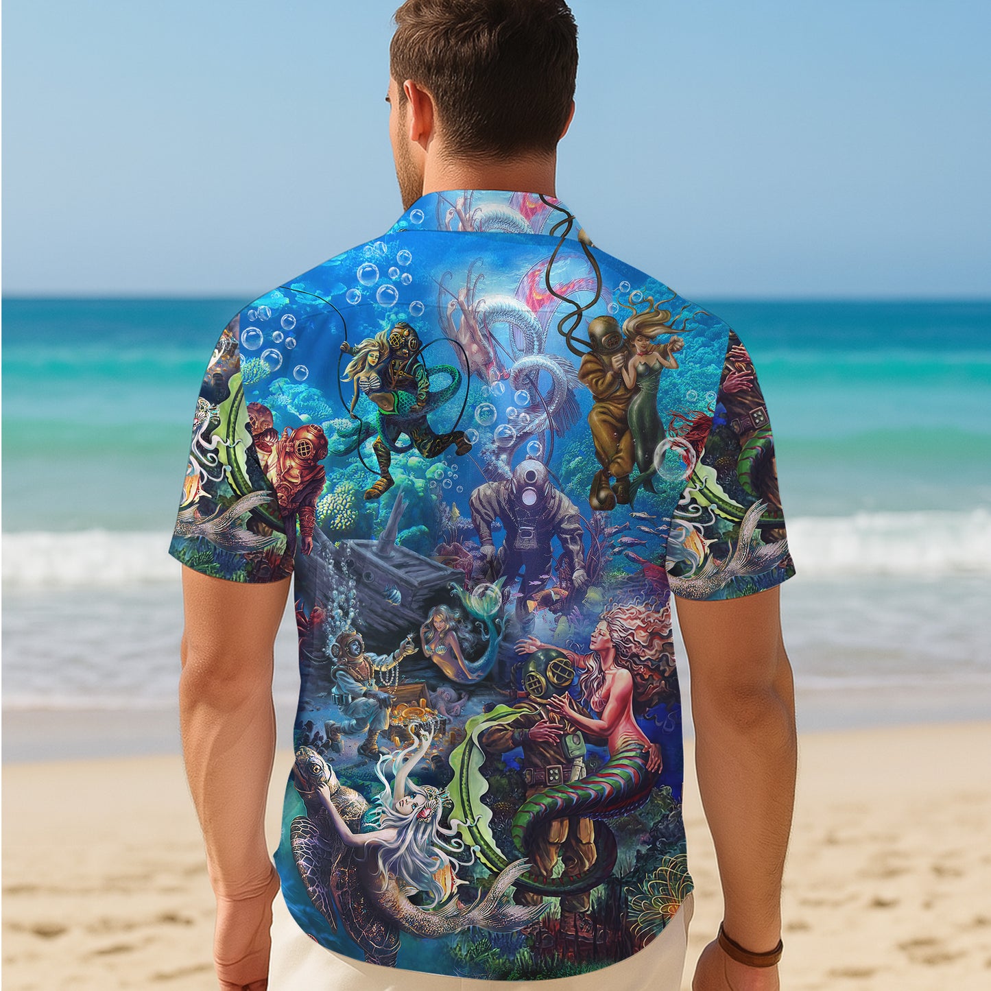 Vintage Diver & Mermaid Hawaiian Shirt for Men Deep Sea Ocean Aloha Shirt