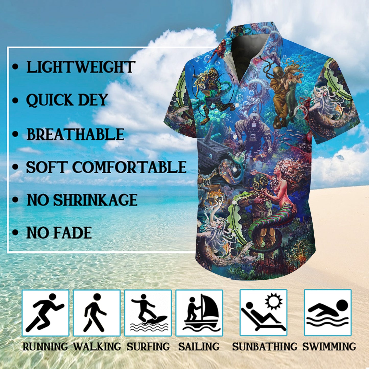 Vintage Diver & Mermaid Hawaiian Shirt for Men Deep Sea Ocean Aloha Shirt