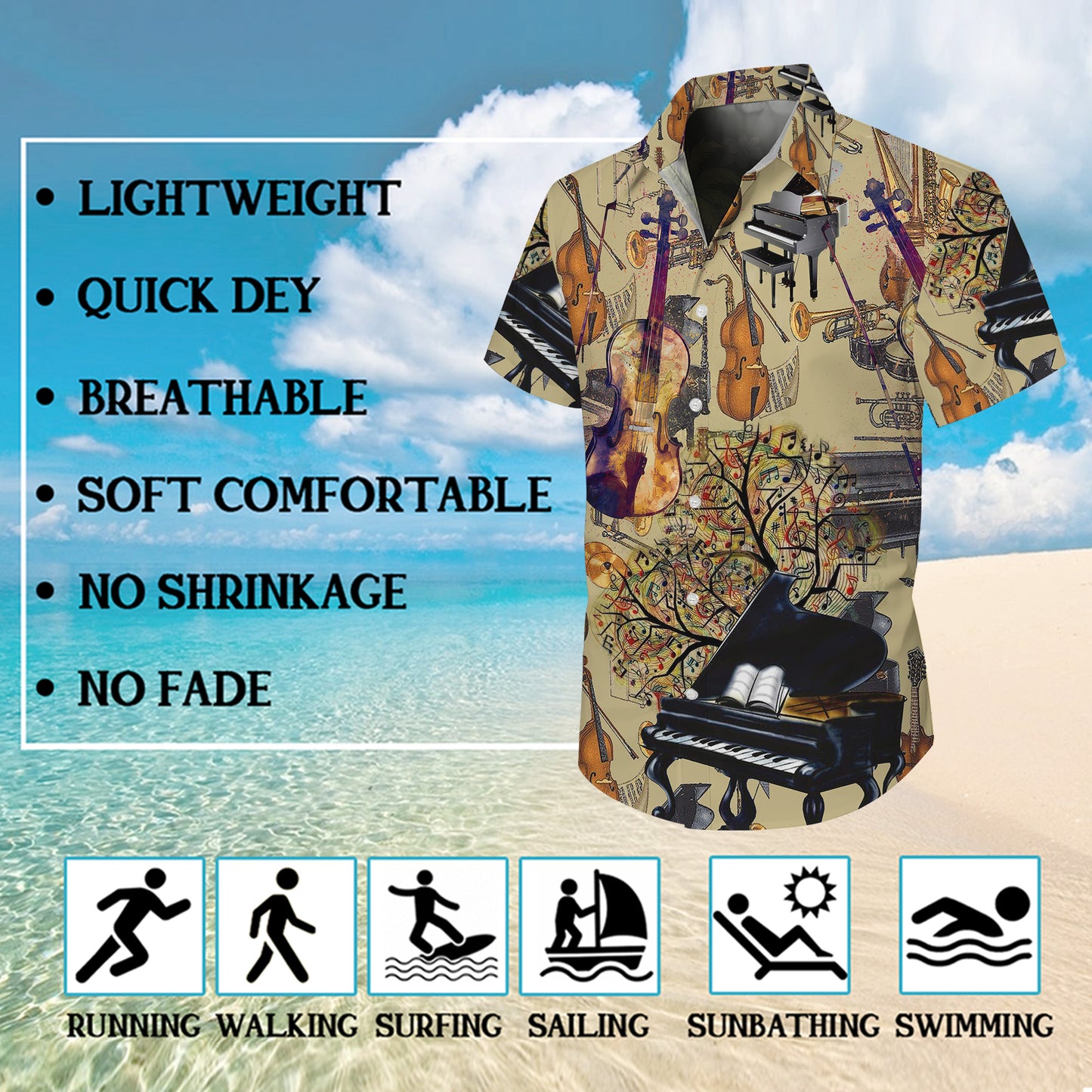 Vintage Music Instrument Hawaiian Shirt for Men & Women Retro Aloha
