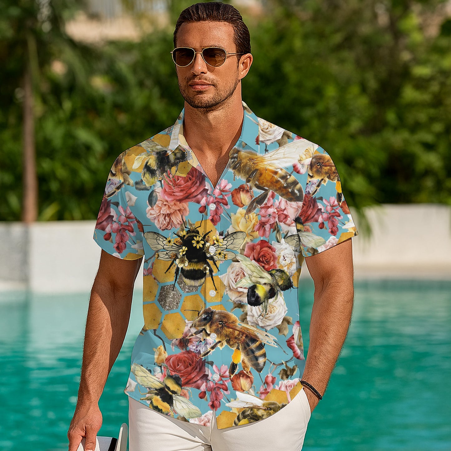 Honey Bee Floral Honeycomb Hawaiian Shirt for Men & Women Nature Aloha