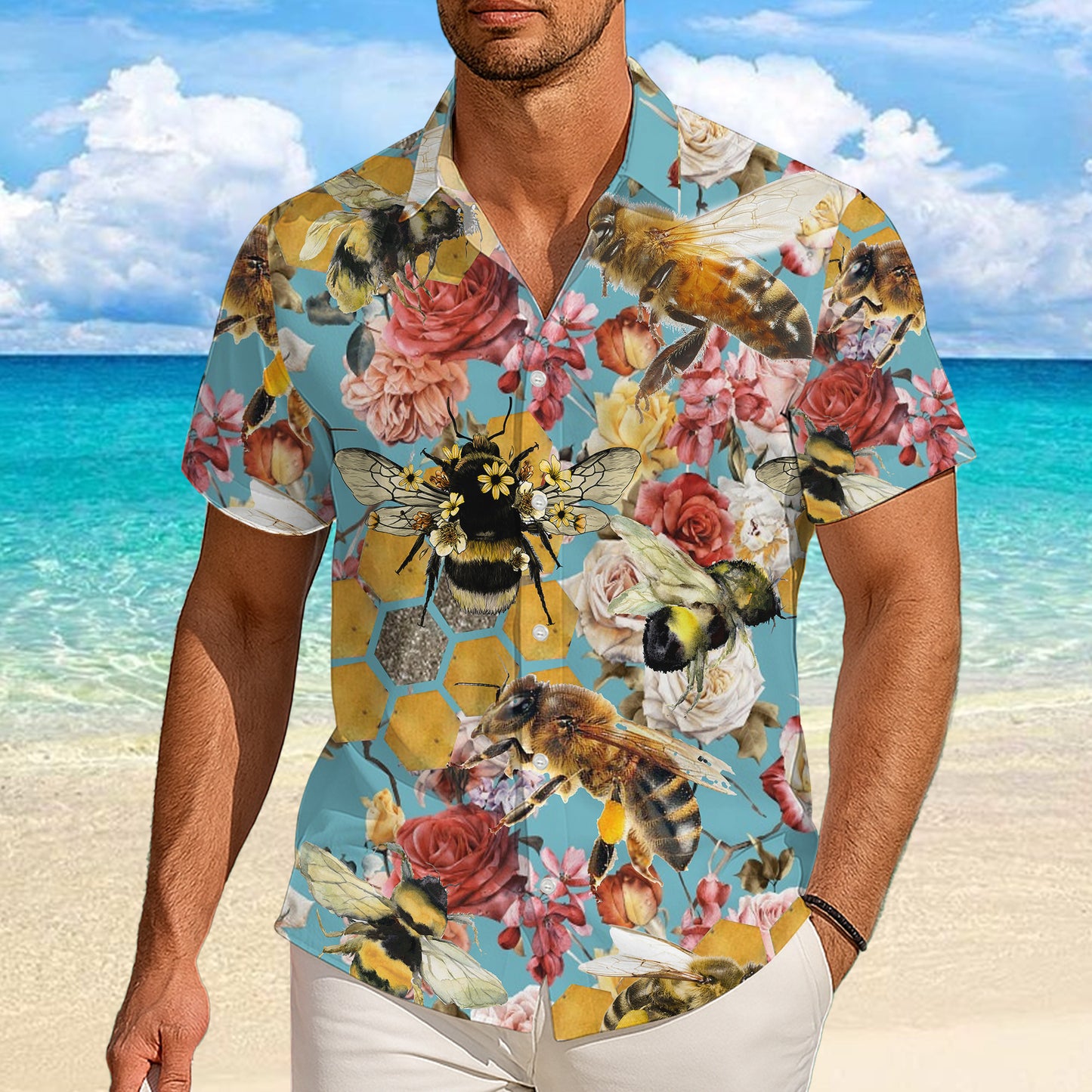 Honey Bee Floral Honeycomb Hawaiian Shirt for Men & Women Nature Aloha