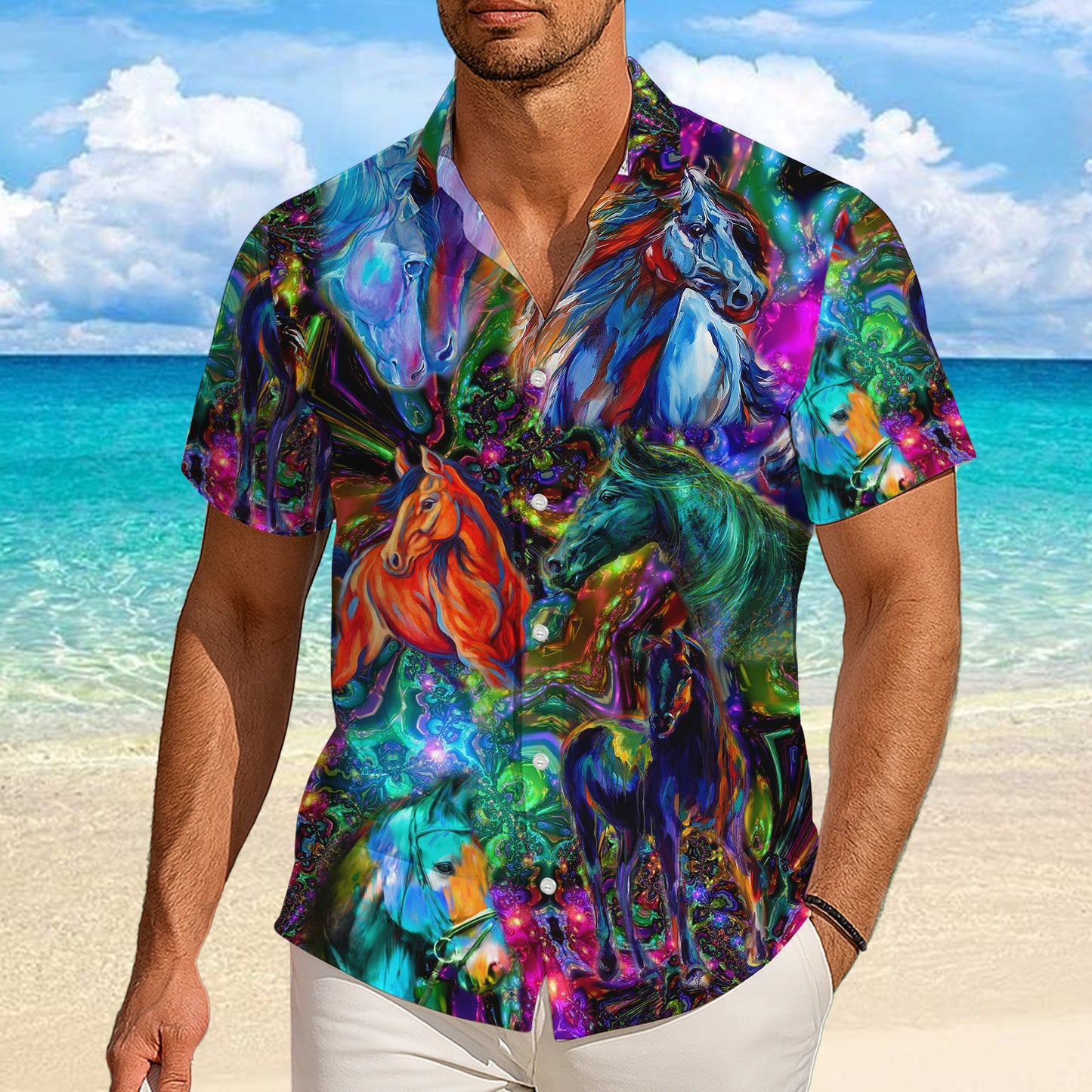 Colorful Neon Horse Psychedelic Hawaiian Shirt for Men & Women Wild Aloha