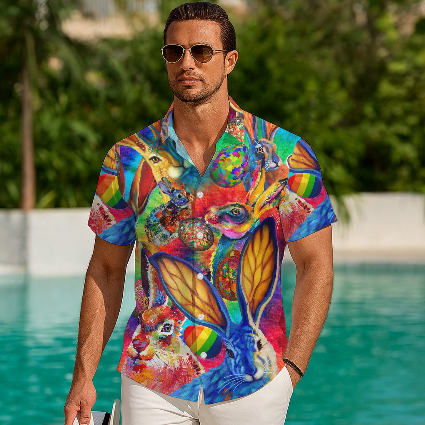 Colorful Easter Bunny Hawaiian Shirt for Men & Women Psychedelic Aloha