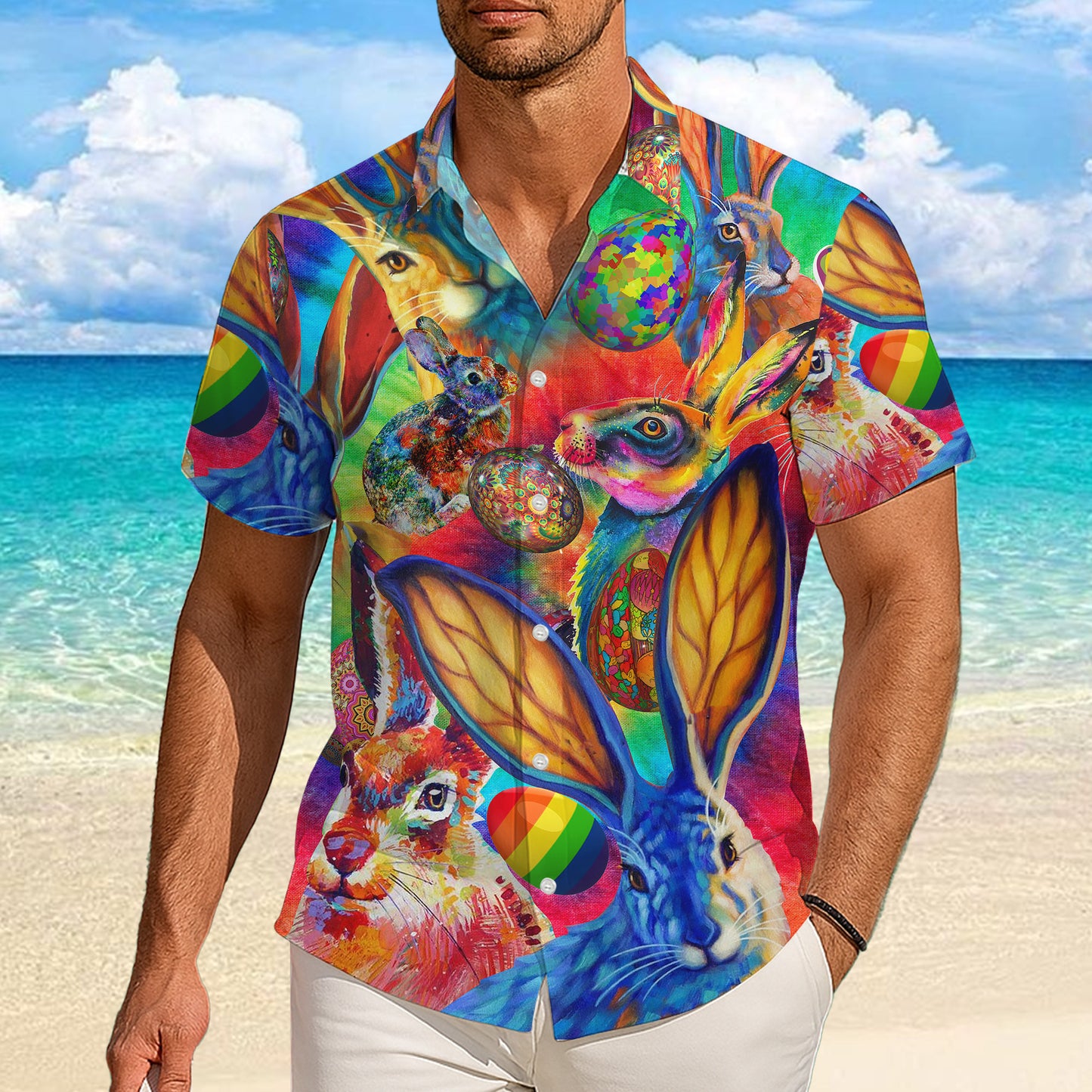 Colorful Easter Bunny Hawaiian Shirt for Men & Women Psychedelic Aloha