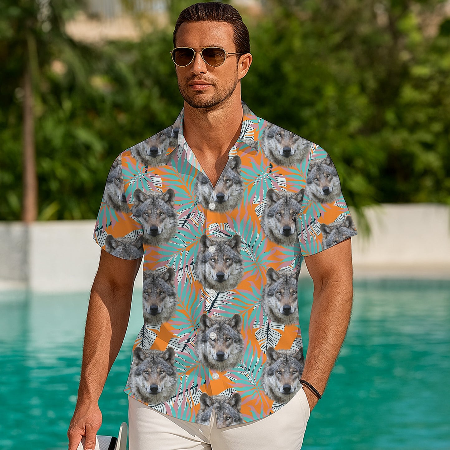 Tropical Wolf Palm Leaf Hawaiian Shirt for Men & Women Wild Aloha