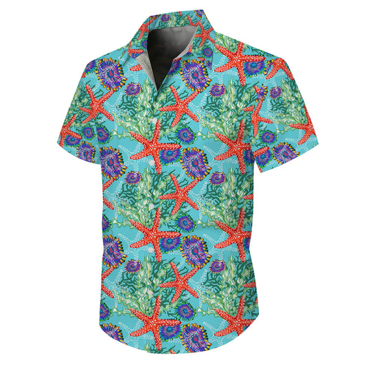 Red Starfish Ocean Seaweed Hawaiian Shirt for Men & Women Tropical Aloha