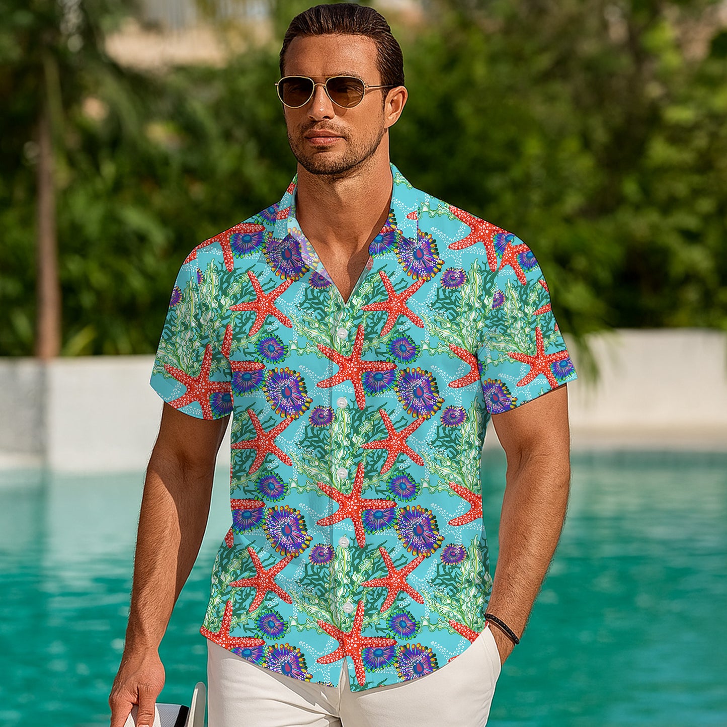 Red Starfish Ocean Seaweed Hawaiian Shirt for Men & Women Tropical Aloha