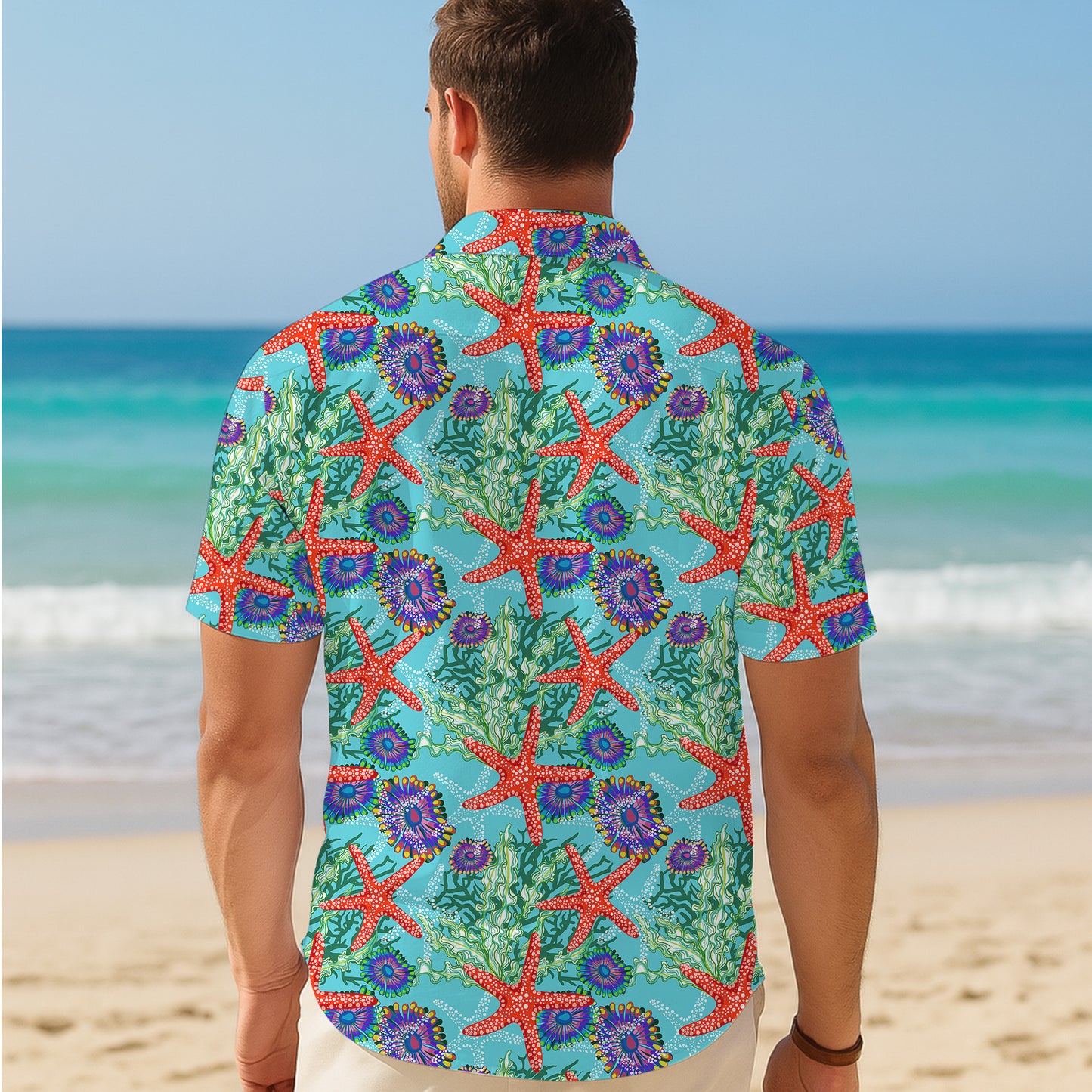 Red Starfish Ocean Seaweed Hawaiian Shirt for Men & Women Tropical Aloha