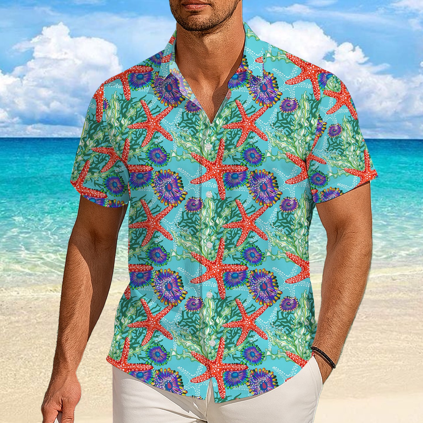 Red Starfish Ocean Seaweed Hawaiian Shirt for Men & Women Tropical Aloha